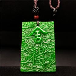 Hand Carved Asian Green Jade Pendant On Necklace