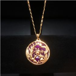 Dragon Phoenix Mount Necklace With Carved Purple Jade On 14Kt Plated Necklace