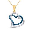 Image 1 : Round Blue Color Enhanced Diamond Joined Double Hearts Pendant 1/5 Cttw 10kt Yellow Gold