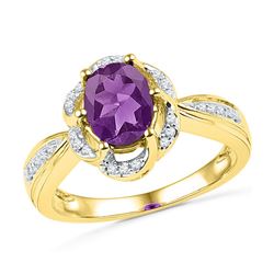 Oval Lab-Created Amethyst Solitaire Diamond-accent Ring 1-3/4 Cttw 10kt Yellow Gold