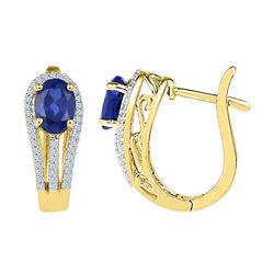 Oval Lab-Created Blue Sapphire Diamond Hoop Earrings 2-5/8 Cttw 10kt Yellow Gold
