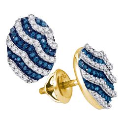 Round Blue Color Enhanced Diamond Oval Stripe Cluster Earrings 1/2 Cttw 10kt Yellow Gold