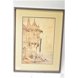 Framed original watercolour, pen and ink painting titled "Braubach on the Rhine" by artist J. White,