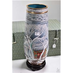 Quality winter trees and building motif cloisonne vase 15" in height with wooden plinth and presenta