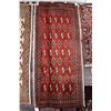 Image 1 : 100% handmade scatter rug with red background and highlights of brown, cream and blue, 23" x 53"