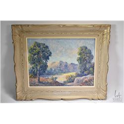 Framed oil on board dapple painting of a foothills valley signed by artist Sam Bering, and marked on