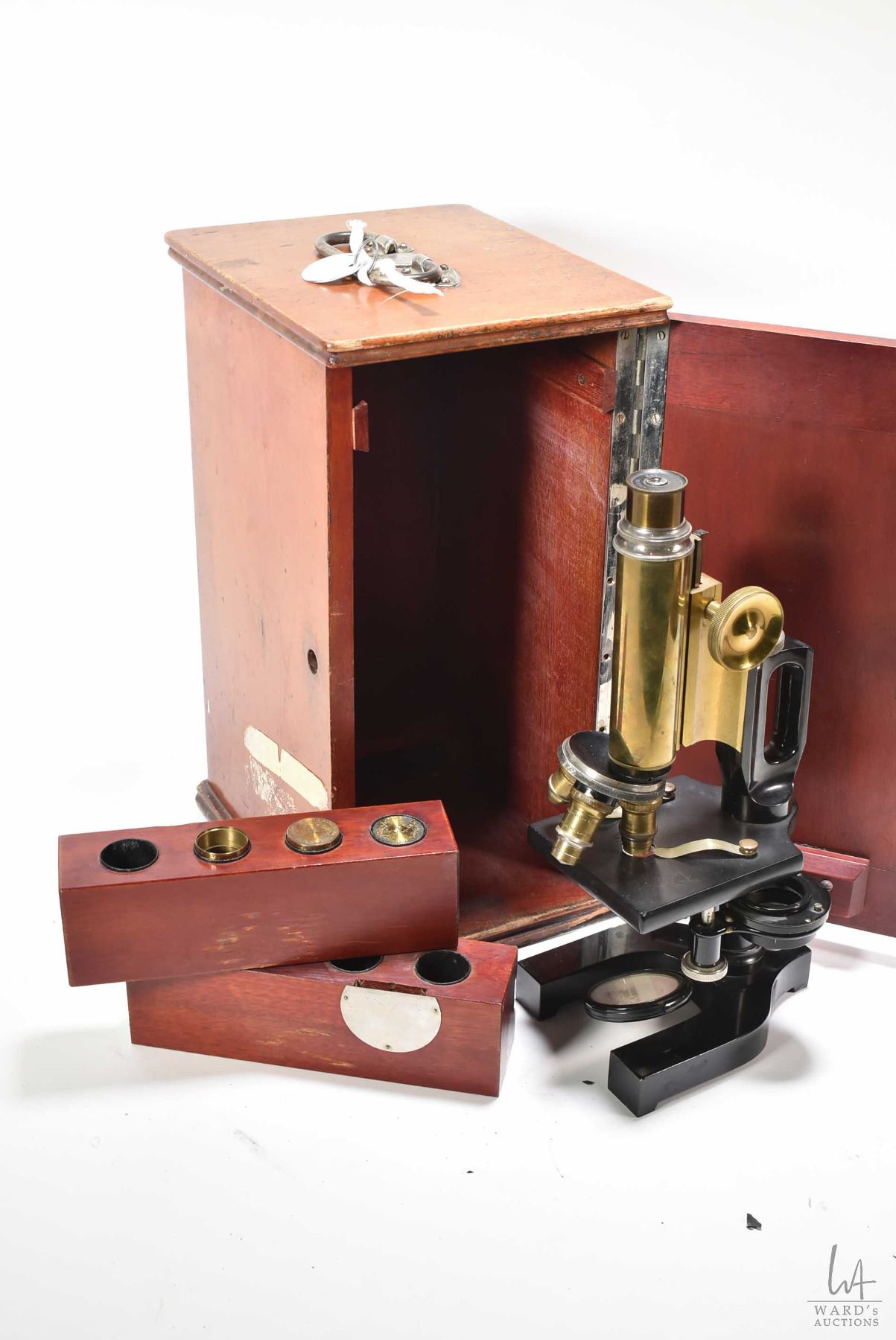 Vintage Microscope Box Vintage microscope in fitted wooden box marked Henry Gowlland, Montreal