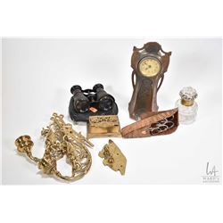 Selection of collectibles including brass stamp box, Art Nouveau clock, vintage opera glasses with c