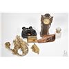 Image 1 : Selection of collectibles including brass stamp box, Art Nouveau clock, vintage opera glasses with c