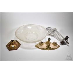 Three vintage light fixtures including a three bulb glass celing fixture with 16" glass molded glass