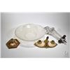 Image 1 : Three vintage light fixtures including a three bulb glass celing fixture with 16" glass molded glass