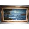 Image 1 : Gilt framed oil on canvas painting of a shoreline with breaking waves signed by artist 24" X 48"