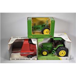 Three 1:16 scale die cast toys including John Deere 7800 tractor, a John Deere Model A tractor and a