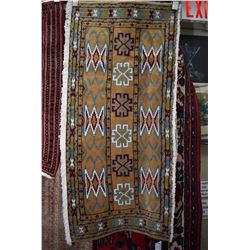 100% handmade throw rugs with sand coloured background and highlights of creams, blues and red, 24  