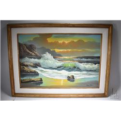 Framed oil on canvas painting of crashing waves, signed by artist Mike Blum (?) 24" X 36"