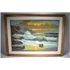 Image 1 : Framed oil on canvas painting of crashing waves, signed by artist Mike Blum (?) 24" X 36"