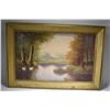 Image 1 : Framed oil on canvas painting of swans on an autumn lake signed by artist F.R. Meyer, 19" X 31"