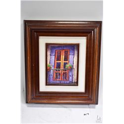 Framed acrylic on board painting of a Mexican balcony labeled on verso Autor Nereo Barreto, 8" X 6"