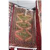 Image 1 : Small 100% wool scatter rug with red background, green and cream etc. highlights, 20" x 36"