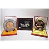 Image 1 : Framed silver filigree Oriental horse and buggy and two chargers including silverplate and gilt "Bro