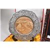 Image 2 : Framed silver filigree Oriental horse and buggy and two chargers including silverplate and gilt "Bro