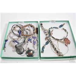 Two trays of silver jewellery including necklaces, bracelets, enamel pieces, pendants etc.