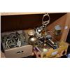 Image 1 : Shelf lot of brass and copper including vintage coat hooks, brass horns, door knobs, ornaments, wall