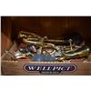 Image 2 : Shelf lot of brass and copper including vintage coat hooks, brass horns, door knobs, ornaments, wall