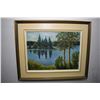 Image 1 : Framed acrylic on board painting of a reflective lake scene signed by artist Audrey Thomas '80, 11 1