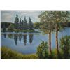 Image 2 : Framed acrylic on board painting of a reflective lake scene signed by artist Audrey Thomas '80, 11 1