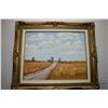 Image 1 : Framed oil on board painting of a wheat stacks and grain elevators signed by artist Robert Harrison,