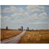 Image 2 : Framed oil on board painting of a wheat stacks and grain elevators signed by artist Robert Harrison,