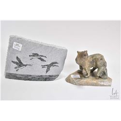 Two soap stone carvings including signed Ducks by artist G. Nason 5" X 7 1/2' and a green soaptone w