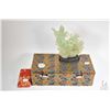 Image 1 : Jadeite double figurine 8" on plinth with presentation box and a gold tone neck chain with jade pend