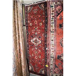 100% handmade Iranian Zanjan carpet runner with center medallion, red background, stylized floral pa