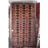 Image 1 : 100% handmade Iranian Goochan carpet with overall geometric design, red background and purple, orang