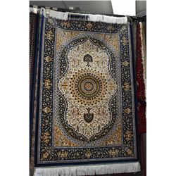 Beautiful 100% silk carpet with deep fringing, center medallion, figural decoration including people