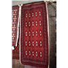Image 1 : 100% handmade scatter rug with red background and highlights of blue, cream and taupe, 24" X 54"
