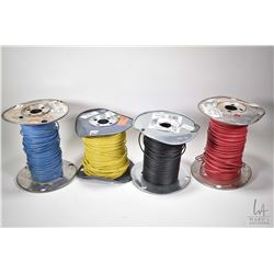 Four 1/2 full or less spools of 12 gauge wire, red, black, yellow and blue