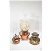 Image 1 : Three vintage metal oil lamps including copper lamp with end of day style glass shade, brass lamp, b
