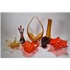 Image 1 : Seven pieces of art glass including a 14" amber glass basket, two red glass dishes, two amethyst gla