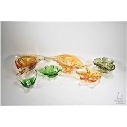 Six pieces of vintage art glass including 15" wide amber dish, a large amber ashtrays, assorted gree