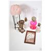 Image 1 : Ecletic lot of collectibles including small framed collage, vintage miniature lamps, strange hanging