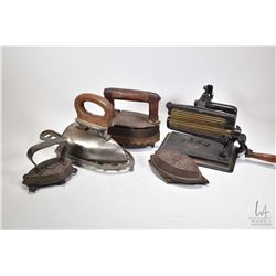 Selection of vintage collectible irons including cast, electric, gas etc. plus a hand fabric fluter 