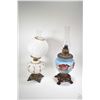 Image 1 : Two banquet style oil lamps including cast base with handpainted fonts, one with globe and both with