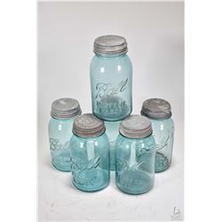 Six vintage Ball Perfect Mason sealing jars with original zink lids lined with milk glass