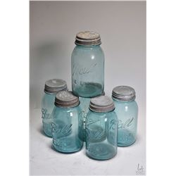 Six vintage Ball Perfect Mason sealing jars with original zink lids lined with milk glass