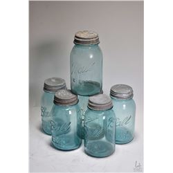 Six vintage Ball Perfect Mason sealing jars with original zink lids lined with milk glass