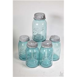 Six vintage Ball Perfect Mason sealing jars with original zink lids lined with milk glass