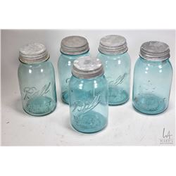 Five vintage Ball Perfect Mason sealing jars with original zink lids lined with milk glass